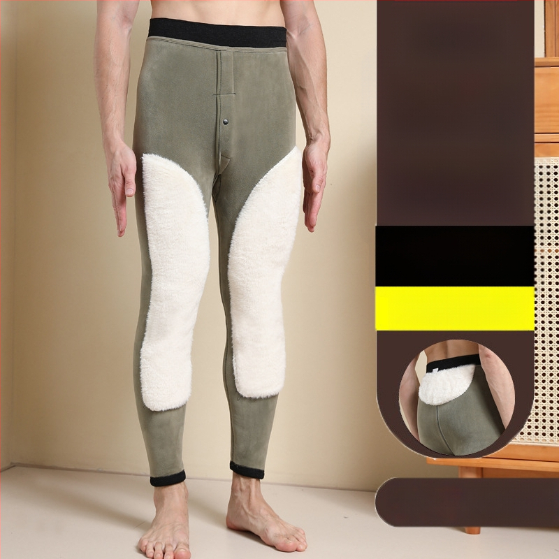 Pantaloni termici pentru bărbați cu căptușeală de fleece, talie înaltă, dublu strat, poliester