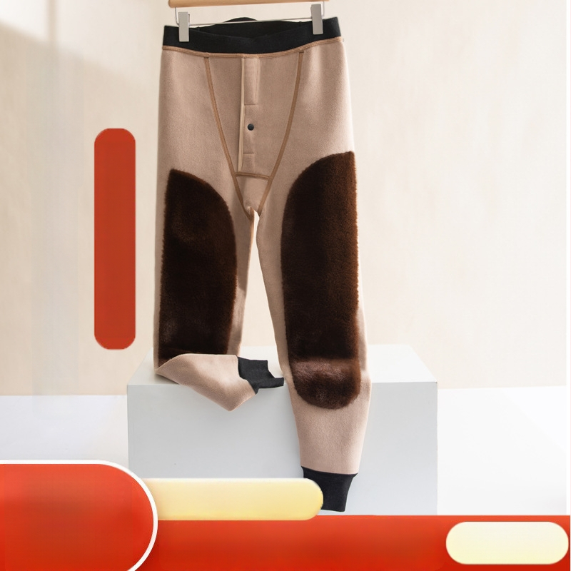 Pantaloni termici pentru bărbați cu căptușeală de fleece, talie înaltă, dublu strat, poliester