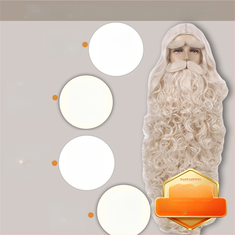 Férfi Mikulás paróka bajusszal — modell GF-W6144, hőálló szálakból készült haj, szövött kivitel, Cos anime stílus, hosszú göndör haj és szakáll