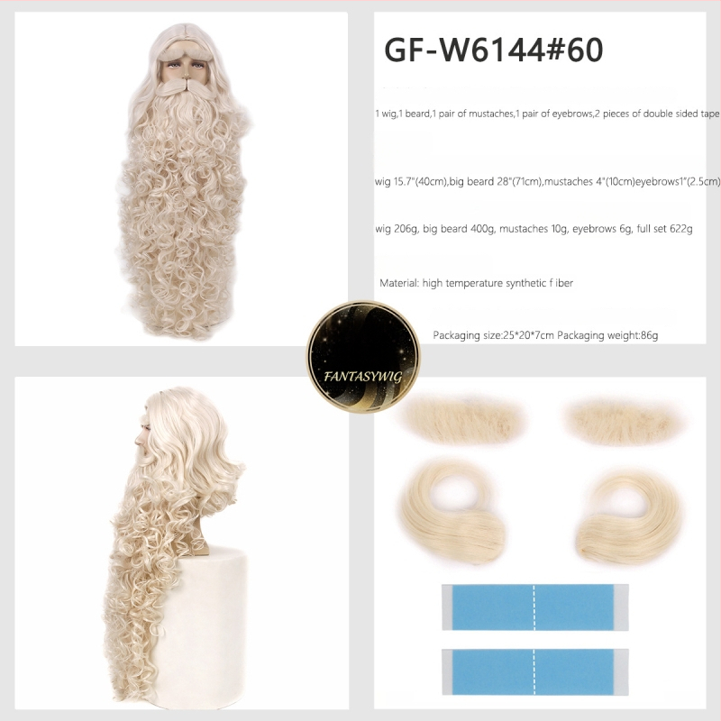 Férfi Mikulás paróka bajusszal — modell GF-W6144, hőálló szálakból készült haj, szövött kivitel, Cos anime stílus, hosszú göndör haj és szakáll