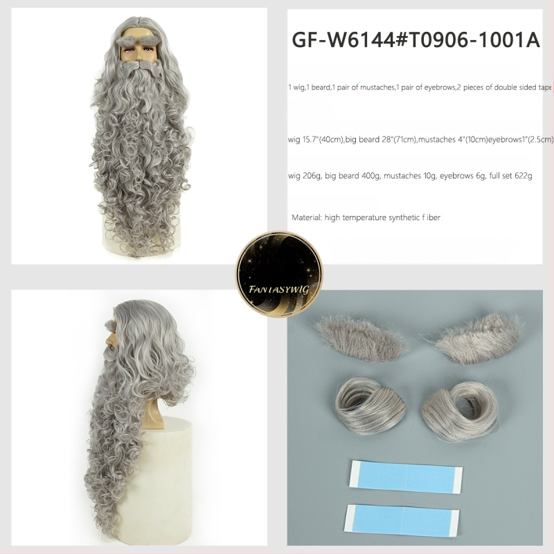 Férfi Mikulás paróka bajusszal — modell GF-W6144, hőálló szálakból készült haj, szövött kivitel, Cos anime stílus, hosszú göndör haj és szakáll