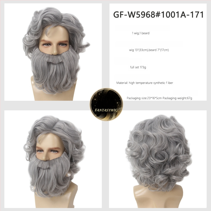 Férfi Mikulás paróka bajusszal — modell GF-W6144, hőálló szálakból készült haj, szövött kivitel, Cos anime stílus, hosszú göndör haj és szakáll