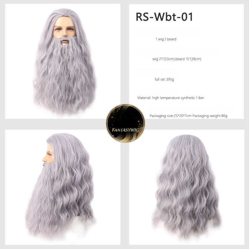 Férfi Mikulás paróka bajusszal — modell GF-W6144, hőálló szálakból készült haj, szövött kivitel, Cos anime stílus, hosszú göndör haj és szakáll