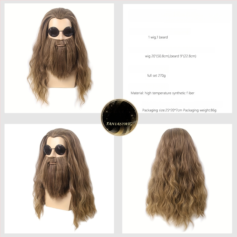 Férfi Mikulás paróka bajusszal — modell GF-W6144, hőálló szálakból készült haj, szövött kivitel, Cos anime stílus, hosszú göndör haj és szakáll