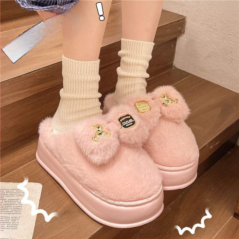 Дамски пантофи с дебел под, замшена горна част, EVA подметка, корейски стил, зимна пухена подплата, карикатурен принт, анти-слип (дебелина на подметката 0-3 cm)