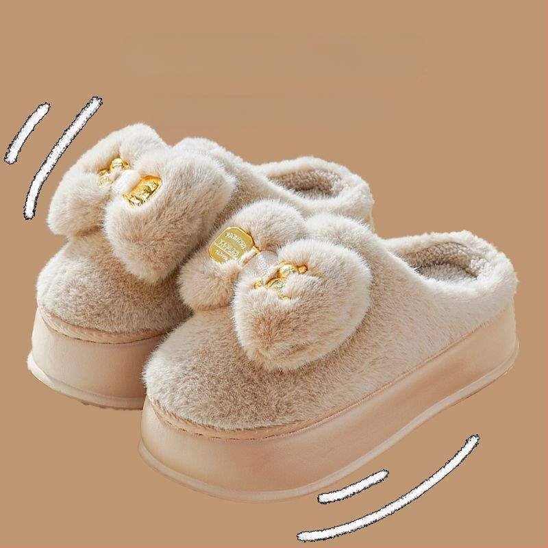 Дамски пантофи с дебел под, замшена горна част, EVA подметка, корейски стил, зимна пухена подплата, карикатурен принт, анти-слип (дебелина на подметката 0-3 cm)