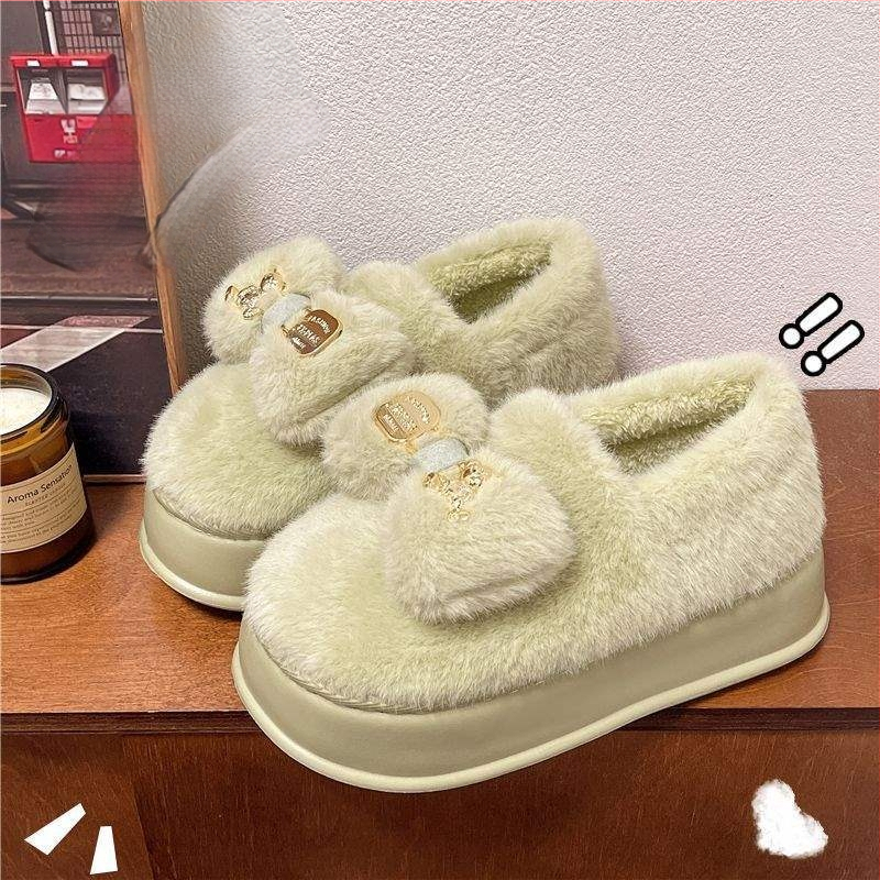Дамски пантофи с дебел под, замшена горна част, EVA подметка, корейски стил, зимна пухена подплата, карикатурен принт, анти-слип (дебелина на подметката 0-3 cm)
