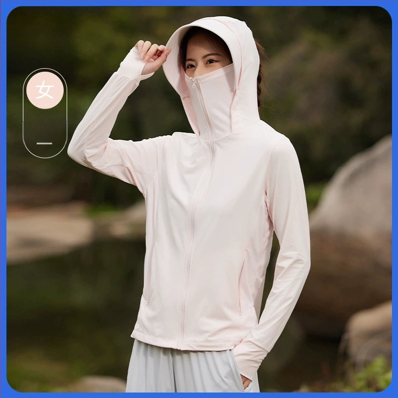 Îmbrăcăminte UV pentru femei din nailon Ice Silk - UPF50+, mâneci lungi, respirabilă, cu margine de pălărie, 80-90% nailon, <30% spandex, primăvara 2025