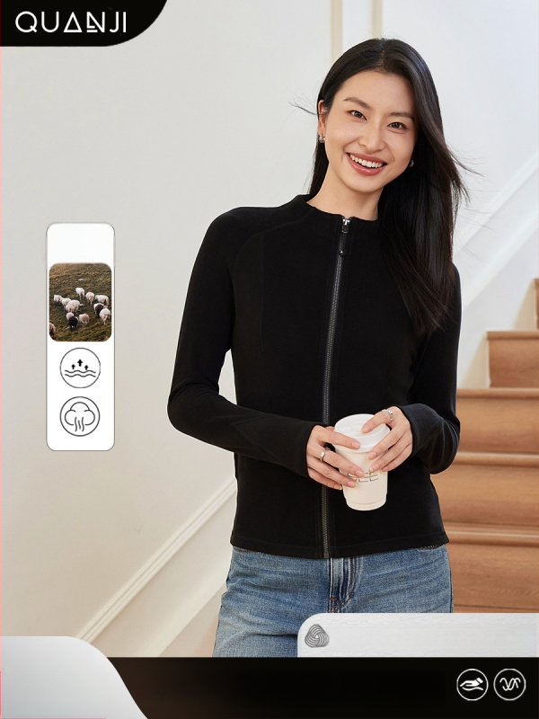 Dámsky kabát z akrylu, úzka silueta, zips, dlhé rukávy, stojací golier