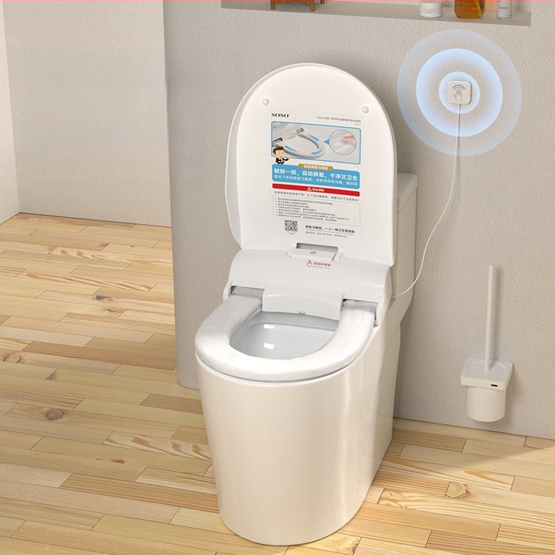 SOSO automatická výmena veka toalety, model SOU-1201, materiál PP doska, diaľkové ovládanie, nastaviteľná vzdialenosť otvorov 120–200 mm, vyhrievanie sedadla