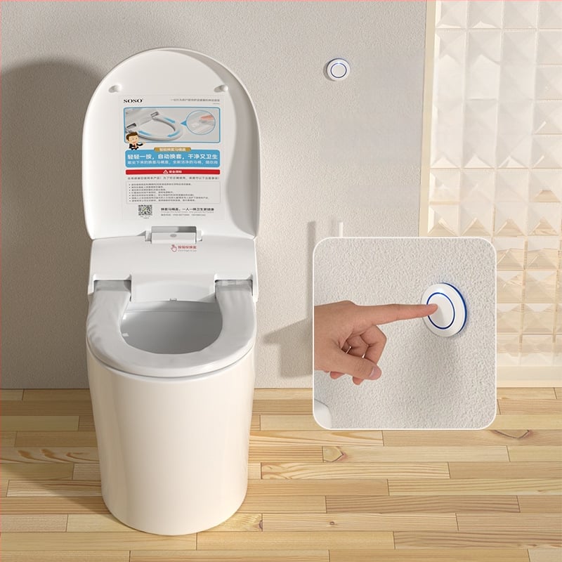 SOSO automatická výmena veka toalety, model SOU-1201, materiál PP doska, diaľkové ovládanie, nastaviteľná vzdialenosť otvorov 120–200 mm, vyhrievanie sedadla