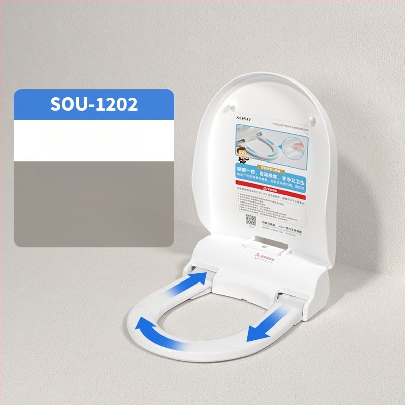 SOSO automatická výmena veka toalety, model SOU-1201, materiál PP doska, diaľkové ovládanie, nastaviteľná vzdialenosť otvorov 120–200 mm, vyhrievanie sedadla