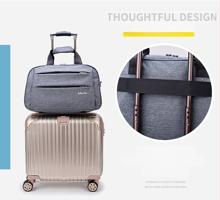 Cestovná taška z Oxfordu, objem 36–55 L, otváranie na zips, teleskopická rukoväť, jedna ramenná popruh, vnútorné vrecká pre notebook a fotoaparát