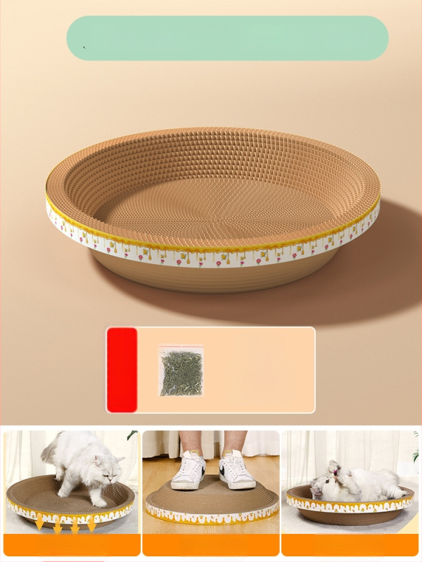 Cuib pentru pisici și suprafață de zgâriere într-un singur pachet; construcție durabilă; coloană verticală din sisal; material: carton celular cu bule; stil drăguț