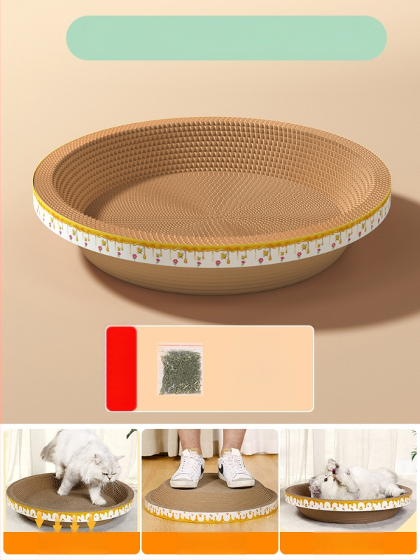 Cuib pentru pisici și suprafață de zgâriere într-un singur pachet; construcție durabilă; coloană verticală din sisal; material: carton celular cu bule; stil drăguț