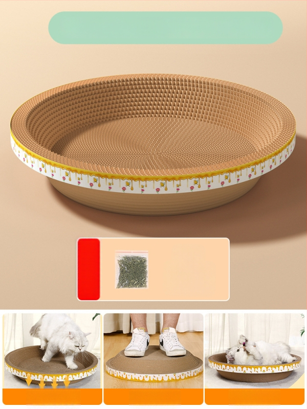 Cuib pentru pisici și suprafață de zgâriere într-un singur pachet; construcție durabilă; coloană verticală din sisal; material: carton celular cu bule; stil drăguț