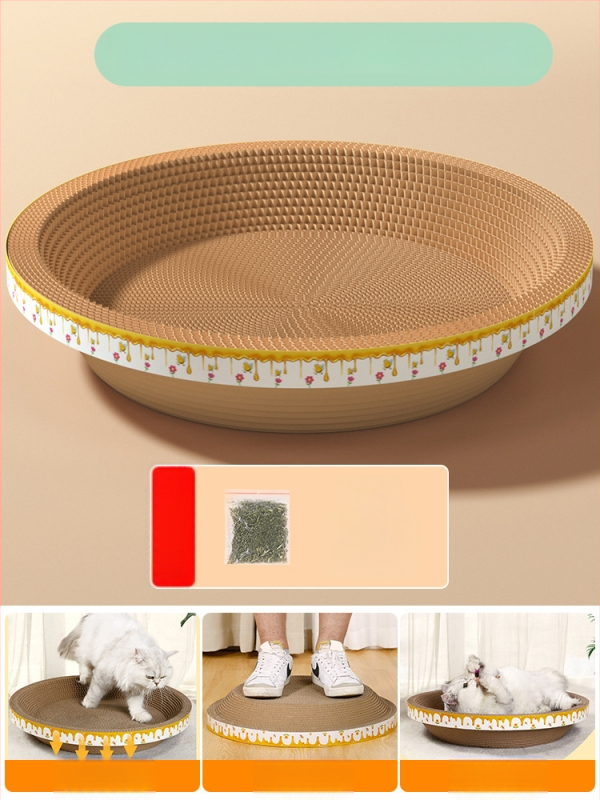 Cuib pentru pisici și suprafață de zgâriere într-un singur pachet; construcție durabilă; coloană verticală din sisal; material: carton celular cu bule; stil drăguț