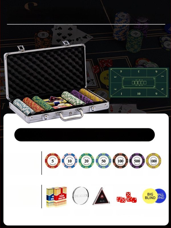 Комплект глинени покер чипове за Тексас Холдем с алуминиев кейс, от неръждаема стомана, правоъгълен дизайн, модел YTH960467850261