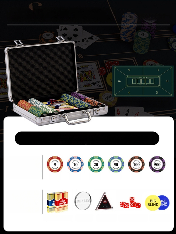 Комплект глинени покер чипове за Тексас Холдем с алуминиев кейс, от неръждаема стомана, правоъгълен дизайн, модел YTH960467850261