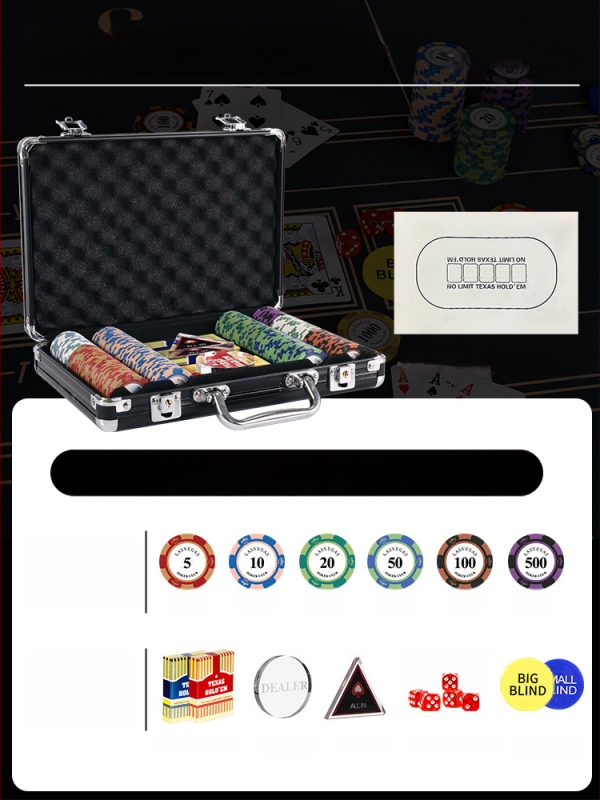 Комплект глинени покер чипове за Тексас Холдем с алуминиев кейс, от неръждаема стомана, правоъгълен дизайн, модел YTH960467850261