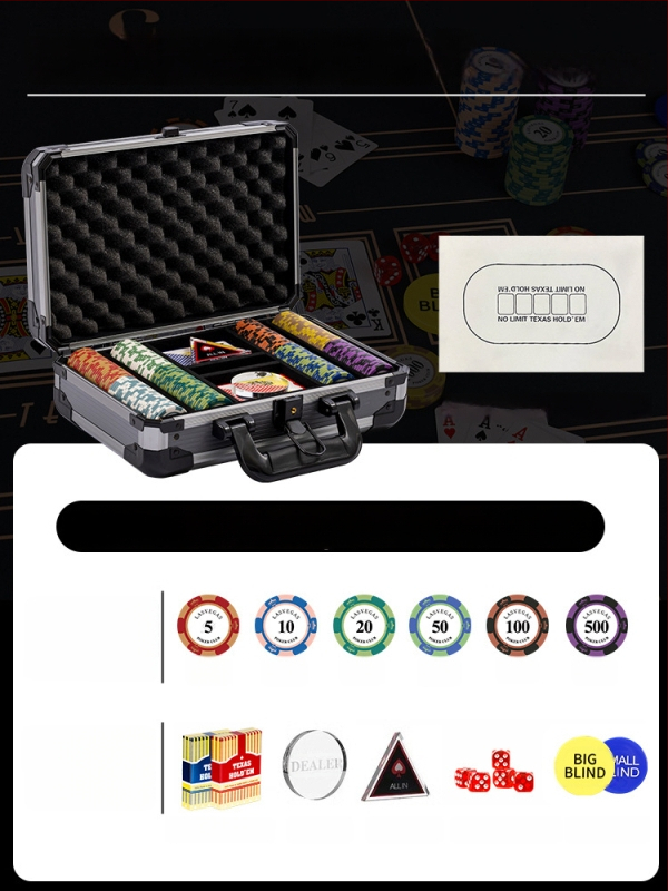 Комплект глинени покер чипове за Тексас Холдем с алуминиев кейс, от неръждаема стомана, правоъгълен дизайн, модел YTH960467850261