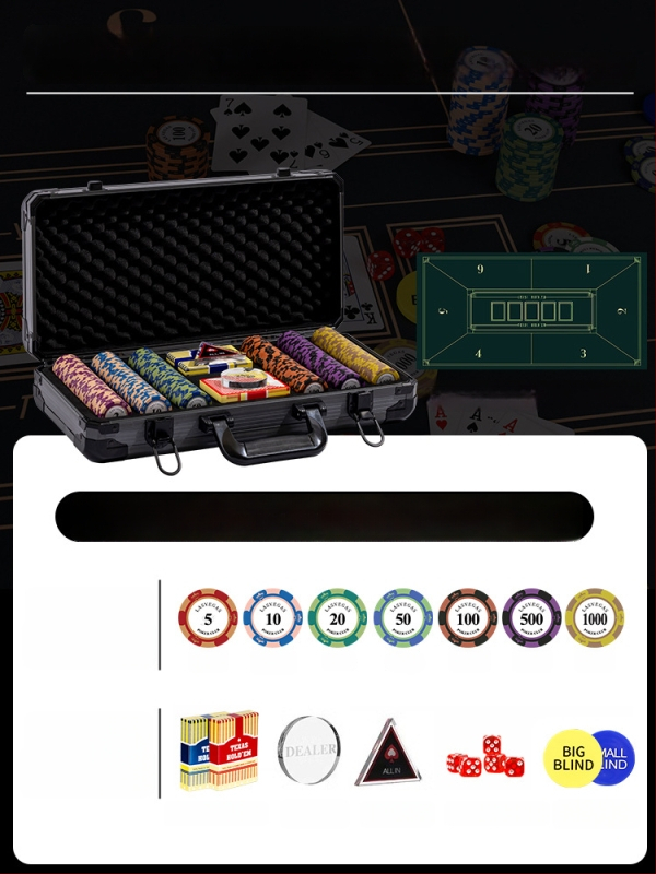 Комплект глинени покер чипове за Тексас Холдем с алуминиев кейс, от неръждаема стомана, правоъгълен дизайн, модел YTH960467850261