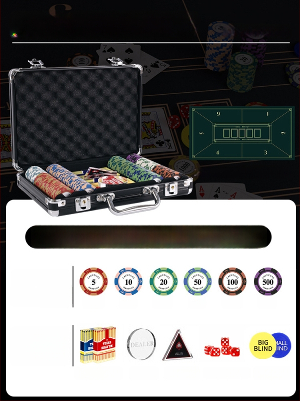 Комплект глинени покер чипове за Тексас Холдем с алуминиев кейс, от неръждаема стомана, правоъгълен дизайн, модел YTH960467850261