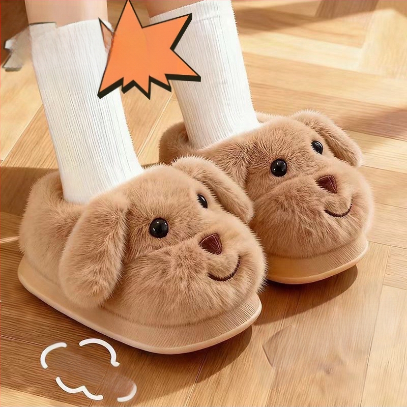 Uniszex gyerek téli beltéri papucs velúr felsőrésszel, rajzolt kutyás mintával, csúszásmentes PVC talppal, vastag belső párnázással