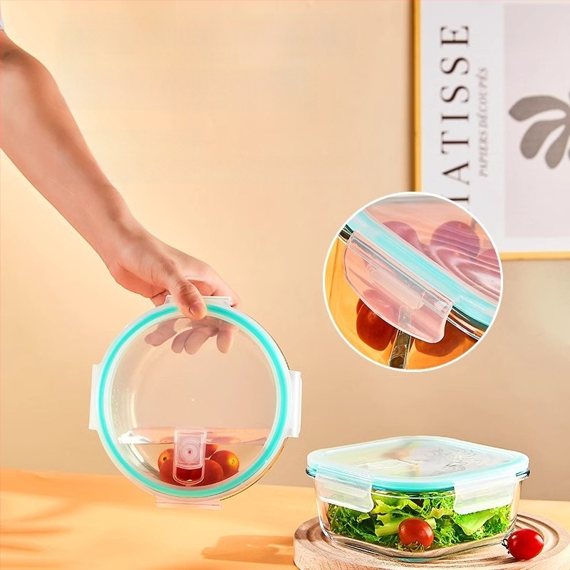 Üveg ebédes doboz, kör alakú, magas boroszilikát üveg, kapacitás 1–2 L, mikrohullámú sütőben használható