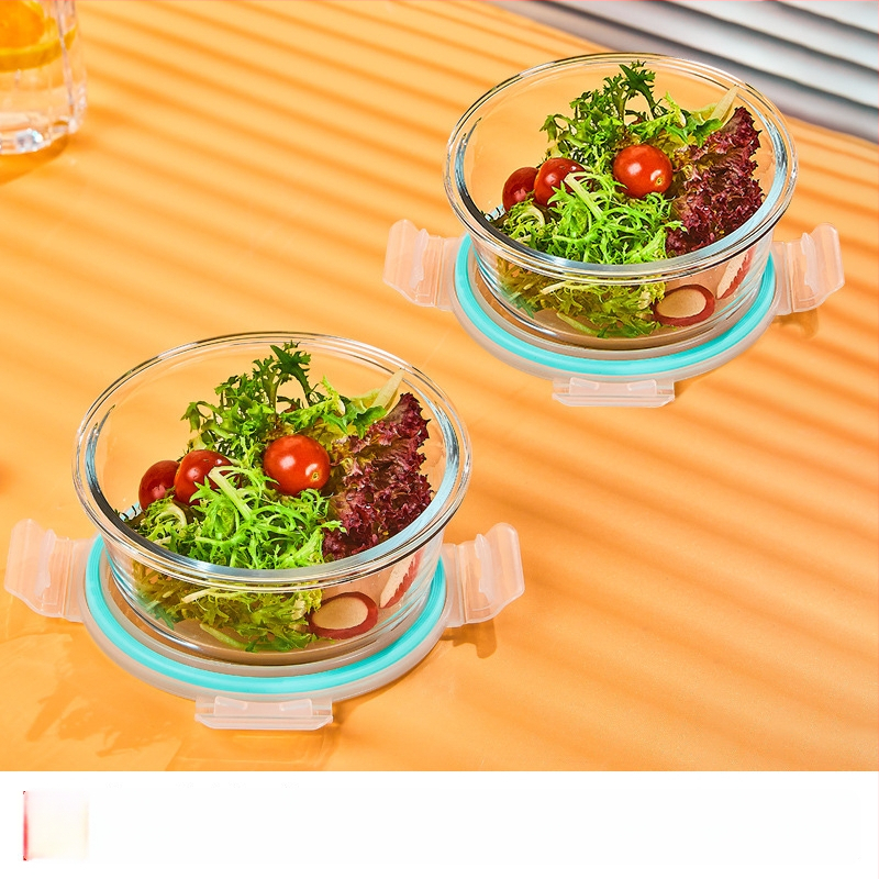 Üveg ebédes doboz, kör alakú, magas boroszilikát üveg, kapacitás 1–2 L, mikrohullámú sütőben használható