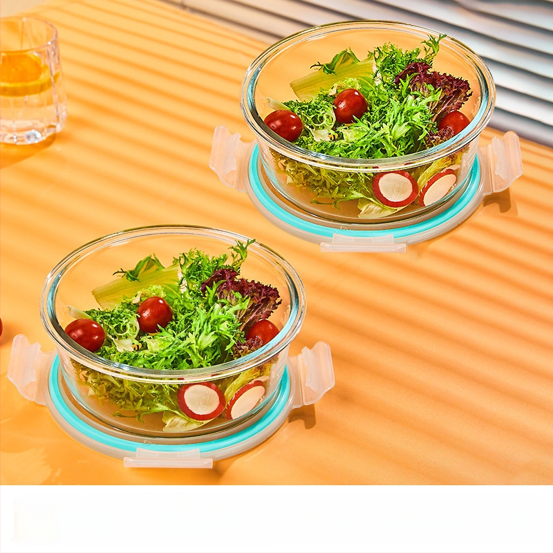 Üveg ebédes doboz, kör alakú, magas boroszilikát üveg, kapacitás 1–2 L, mikrohullámú sütőben használható