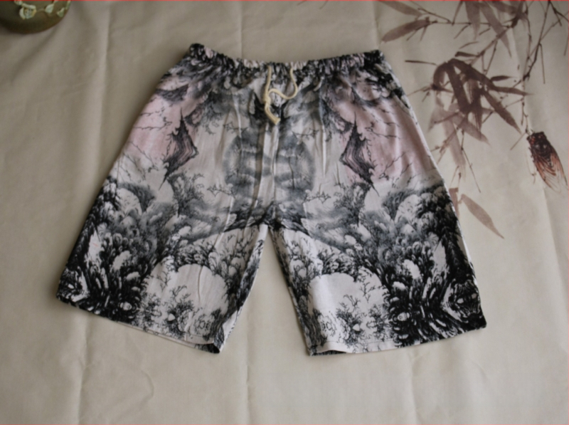 Σορτς με μοτίβο ελέφαντα Ταϊλάνδης από βαμβακο-λινή μίξη, cropped, ίσια γραμμή, 94% βαμβάκι, μικρή ελαστικότητα, εθνικό στυλ