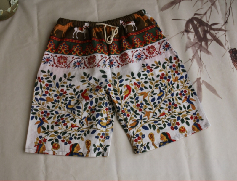 Σορτς με μοτίβο ελέφαντα Ταϊλάνδης από βαμβακο-λινή μίξη, cropped, ίσια γραμμή, 94% βαμβάκι, μικρή ελαστικότητα, εθνικό στυλ