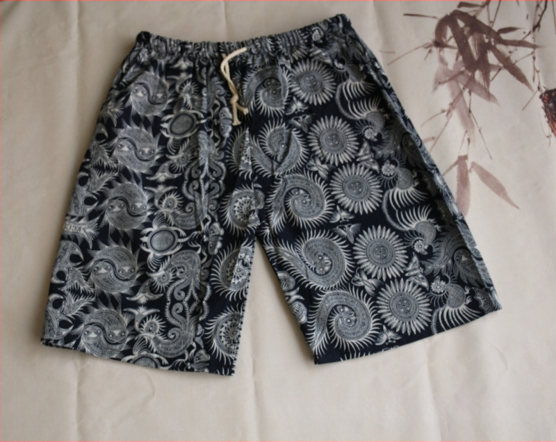 Σορτς με μοτίβο ελέφαντα Ταϊλάνδης από βαμβακο-λινή μίξη, cropped, ίσια γραμμή, 94% βαμβάκι, μικρή ελαστικότητα, εθνικό στυλ