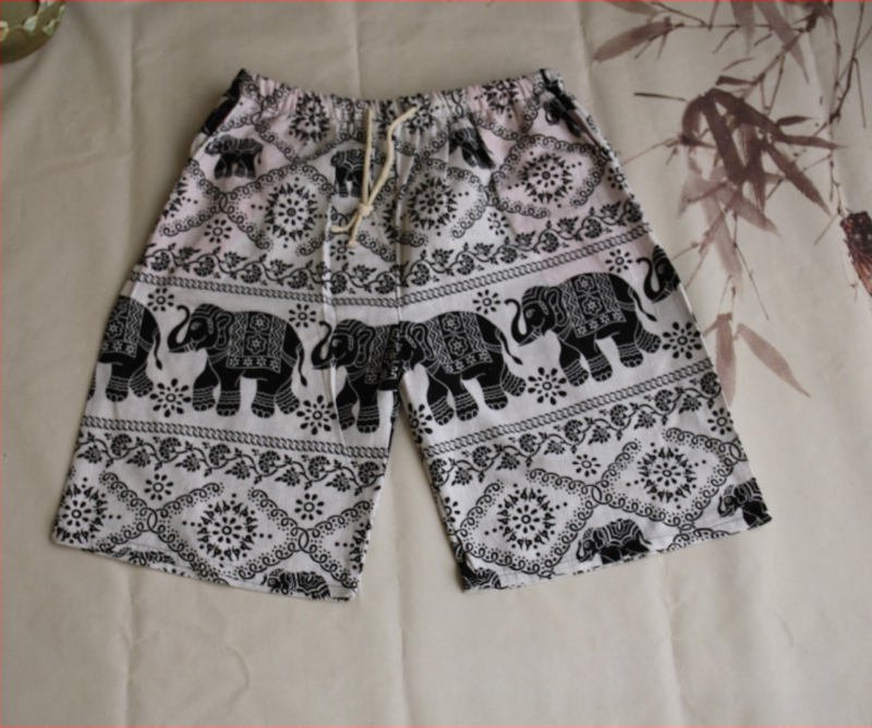 Σορτς με μοτίβο ελέφαντα Ταϊλάνδης από βαμβακο-λινή μίξη, cropped, ίσια γραμμή, 94% βαμβάκι, μικρή ελαστικότητα, εθνικό στυλ