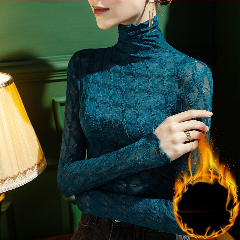 Ženský károvaný top s krajkovým lemom, vysokým golierom, dlhými rukávmi, pulóver