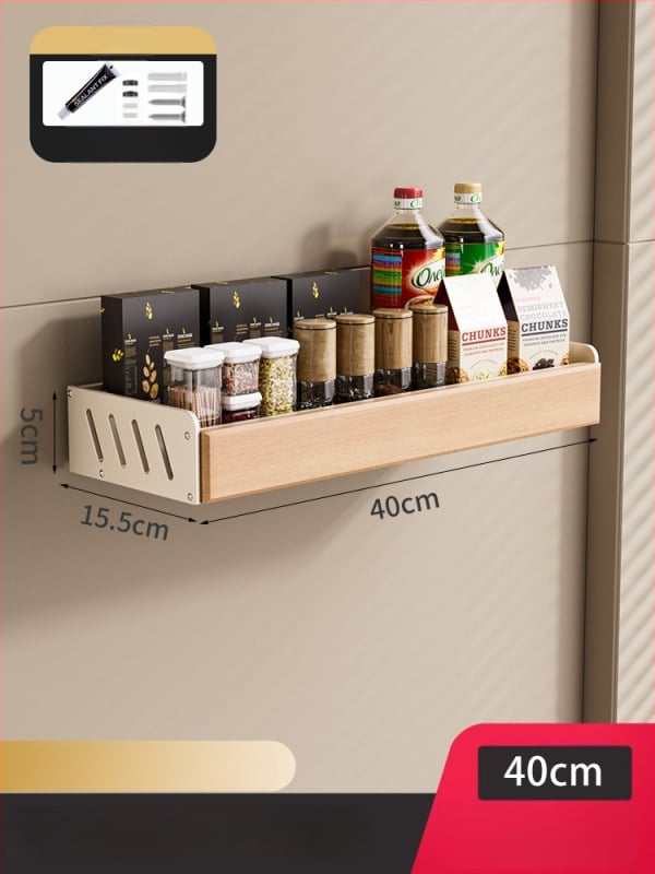 Kuhinjski regal iz drvenog drveta, krem stil – zidni, bez bušenja, odvojivi i perivi, višenamjenski spremnik za začine i nože