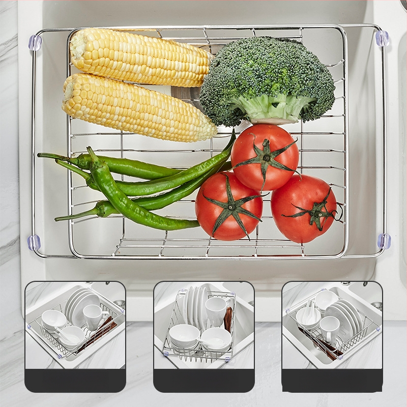 Τελεσκοπικός κάδος από ανοξείδωτο χάλυβα 201 με λαβή — αναδιπλούμενο ράφι κουζίνας για πλύσιμο λαχανικών, μοντέρνος μινιμαλιστικός σχεδιασμός