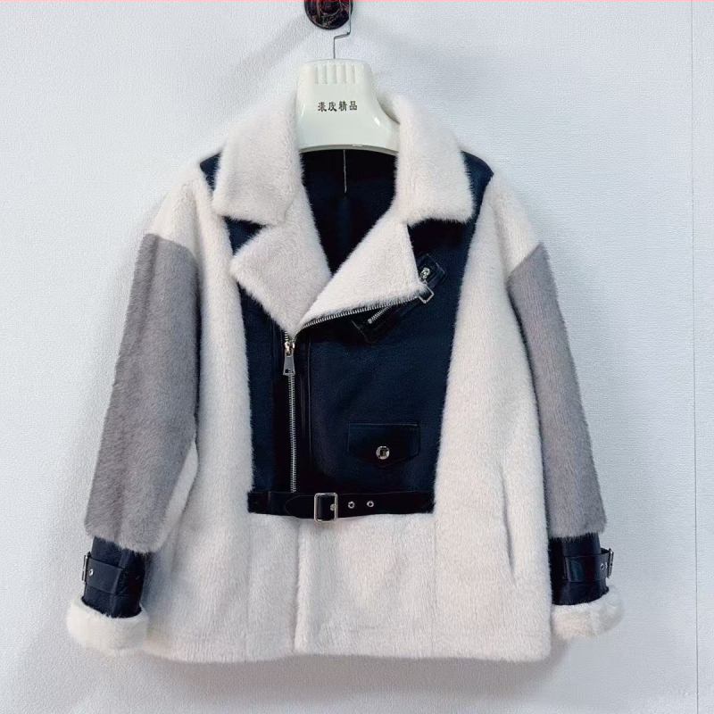 Dámsky kabát z imitácie kožušiny v motocyklovom štýle, kožušinový golier, V-krku výstrih, dlhé rukávy