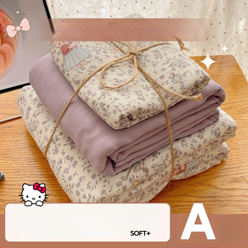 Set de lenjerie de pat din bumbac spălat, patru piese, pentru cămine studențești, patru sezoane, model floral vegetal