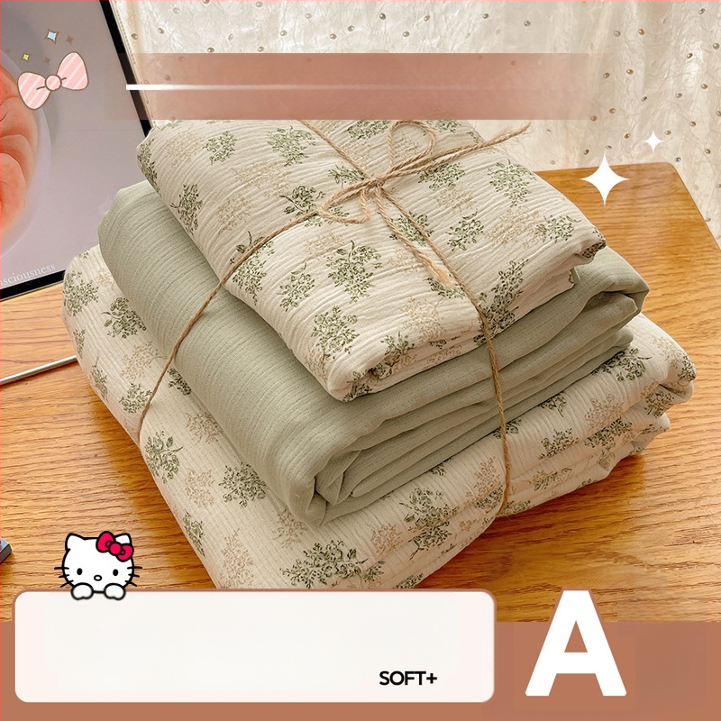 Set de lenjerie de pat din bumbac spălat, patru piese, pentru cămine studențești, patru sezoane, model floral vegetal