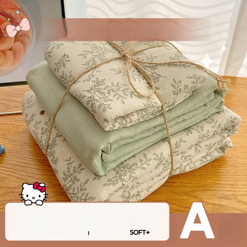 Set de lenjerie de pat din bumbac spălat, patru piese, pentru cămine studențești, patru sezoane, model floral vegetal