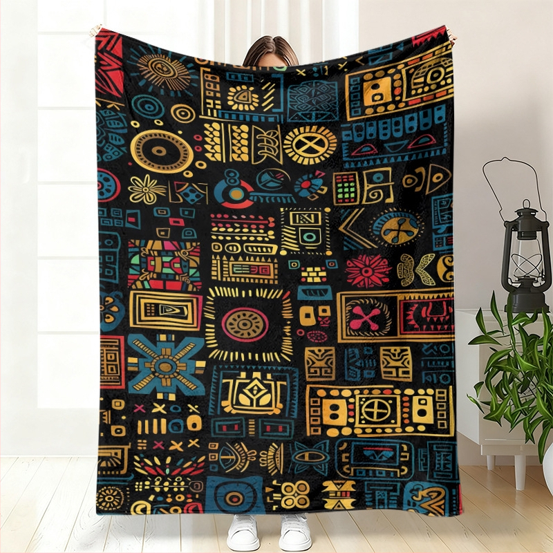Cuvertură de somn din flanel, poliester, cu model geometric etnic și artă abstractă, personalizabilă, pentru toate anotimpurile, ușoară sub 300 g