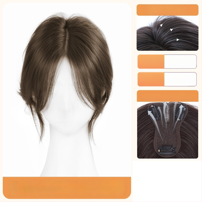 Перука с бретон за жени – обем в короната, покрива посивяване, централно разделен бретон, влакна устойчиви на висока температура, половин ръчно преплетена