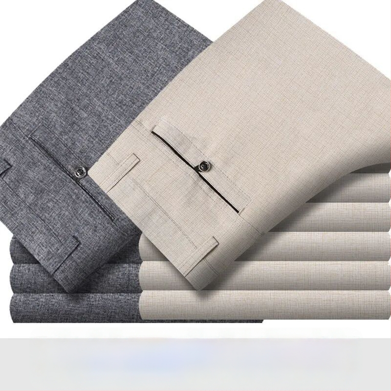 Ανδρικά casual παντελόνια καλοκαιριού από βαμβάκι-λινό, ελαφριά, ψηλή μέση, ίσια γραμμή, φερμουάρ, διαπνοή