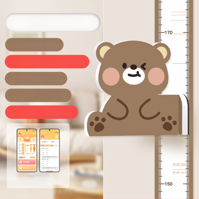 Gyermekek magasságmérő falikép – 3D Cartoon dizájn, PVC, vízálló, aranyos állatmintával, 1 darab