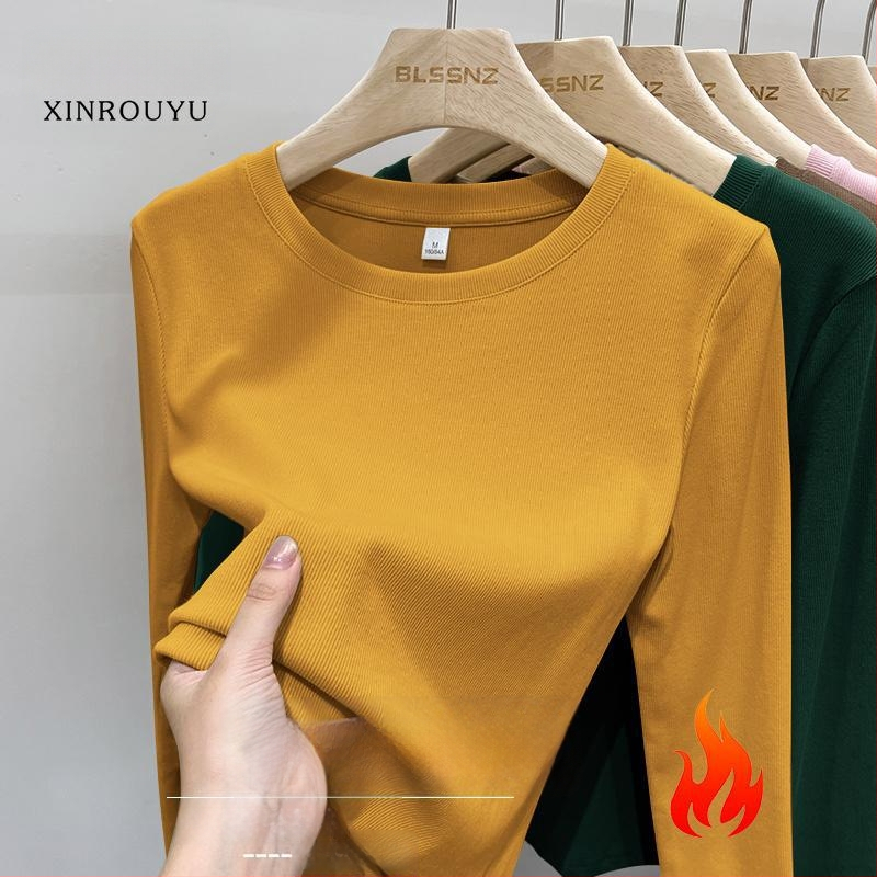 Μπλουζάκι με μακριά μανίκια, στρογγυλή λαιμόκοψη, βουρτσισμένος πολυεστέρας, μονόχρωμο, στενή εφαρμογή, άνοιξη 2025