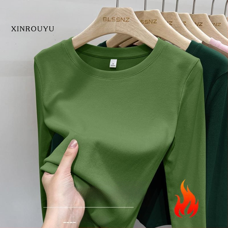 Μπλουζάκι με μακριά μανίκια, στρογγυλή λαιμόκοψη, βουρτσισμένος πολυεστέρας, μονόχρωμο, στενή εφαρμογή, άνοιξη 2025