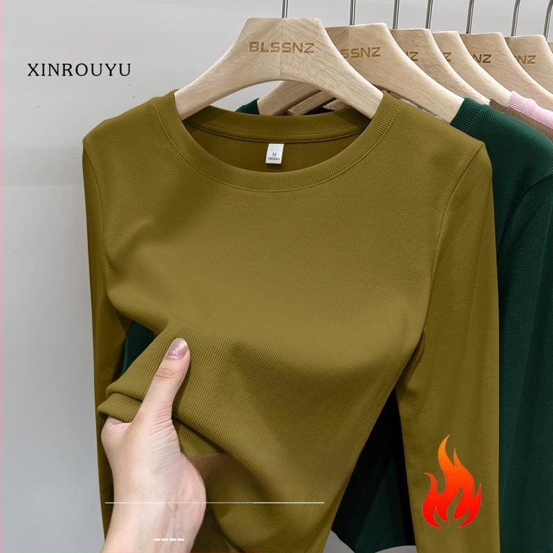 Μπλουζάκι με μακριά μανίκια, στρογγυλή λαιμόκοψη, βουρτσισμένος πολυεστέρας, μονόχρωμο, στενή εφαρμογή, άνοιξη 2025