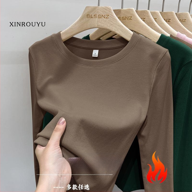 Μπλουζάκι με μακριά μανίκια, στρογγυλή λαιμόκοψη, βουρτσισμένος πολυεστέρας, μονόχρωμο, στενή εφαρμογή, άνοιξη 2025